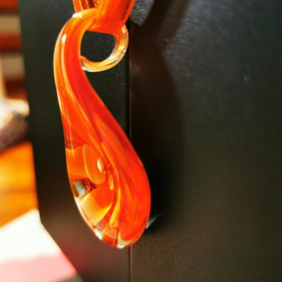 Art Glass Pendent Clear Glass with Orange Flower ~ Ribbon and Cord Nec… - Picture 11 of 16